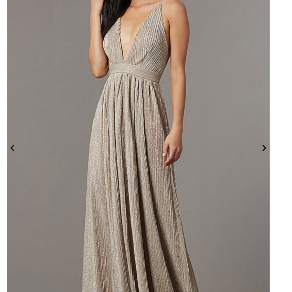 MAUVE NUDE LONG GLITTER-KNIT V-NECK PROM DRESS